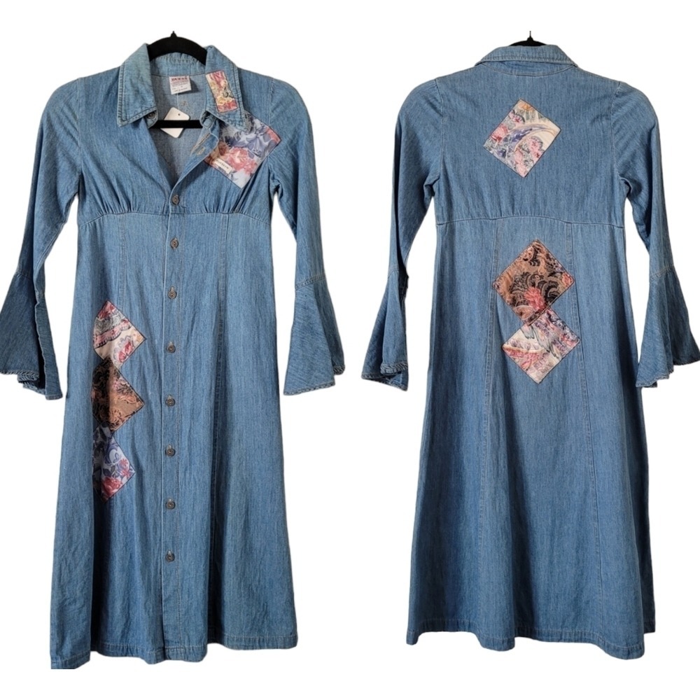 Vintage 90s Guess George Marciano Denim Patchwork Maxi Dress Bell Sleeve Blue 10